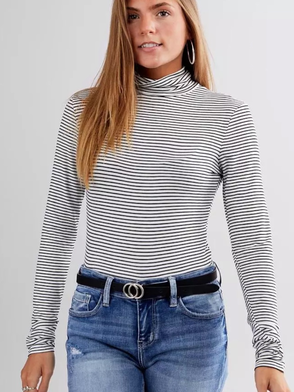 Double Zero Black & White Striped Turtleneck Long Sleeve Top